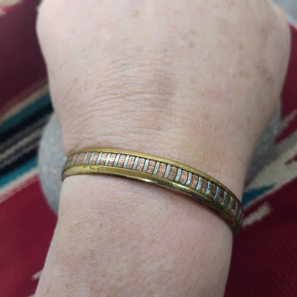 Vtg Sergio Lub Tri-Metal Copper Brass Sterling Silver Cuff Bracelet Size 6" - Picture 2 of 7